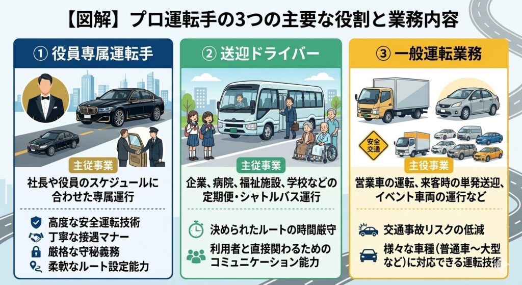 種類主な業務内容求められるスキル・特徴① 役員専属運転手社長や役員のスケジュールに合わせた専属運行高度な安全運転技術、丁寧な接遇マナー、厳格な守秘義務、柔軟なルート設定能力。② 送迎ドライバー企業、病院、福祉施設、学校などの定期便・シャトルバス運行決められたルートの時間厳守。利用者と直接関わるためのコミュニケーション能力。③ 一般運転業務営業車の運転、来客時の単発送迎、イベント車両の運行など交通事故リスクの低減。様々な車種（普通車〜大型など）に対応できる運転技術。　