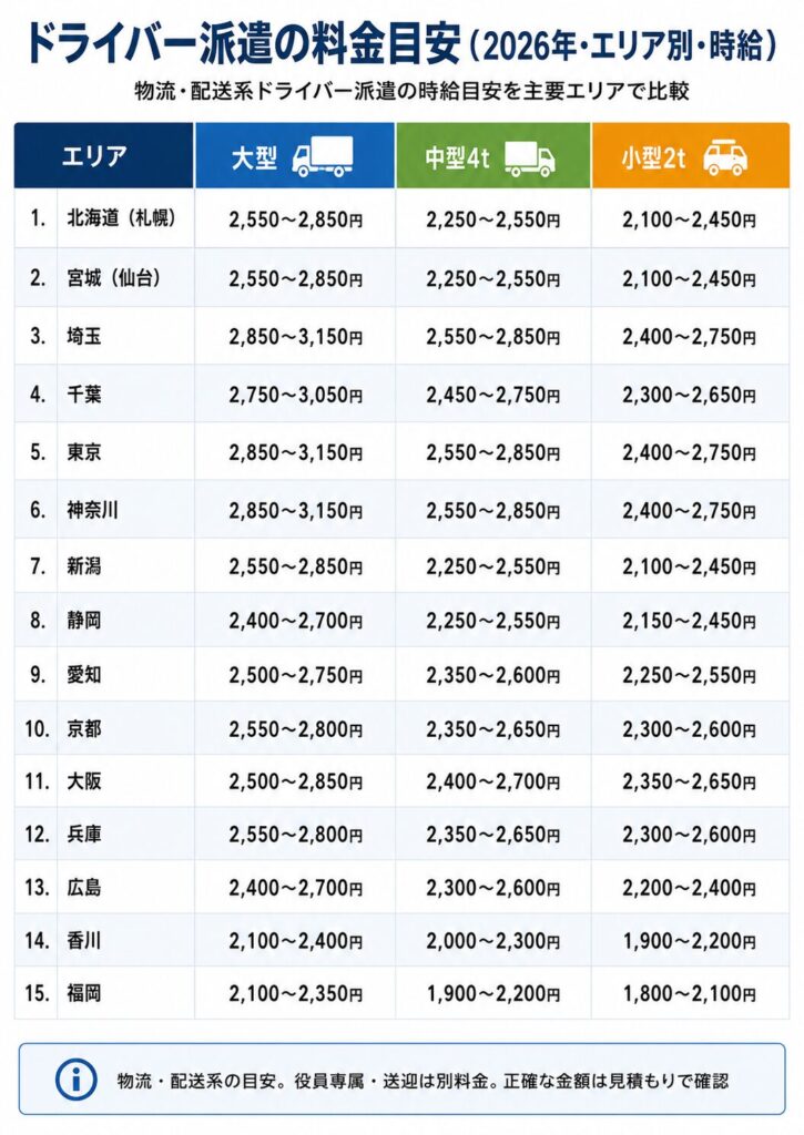 エリア別ドライバー派遣 料金目安」比較表