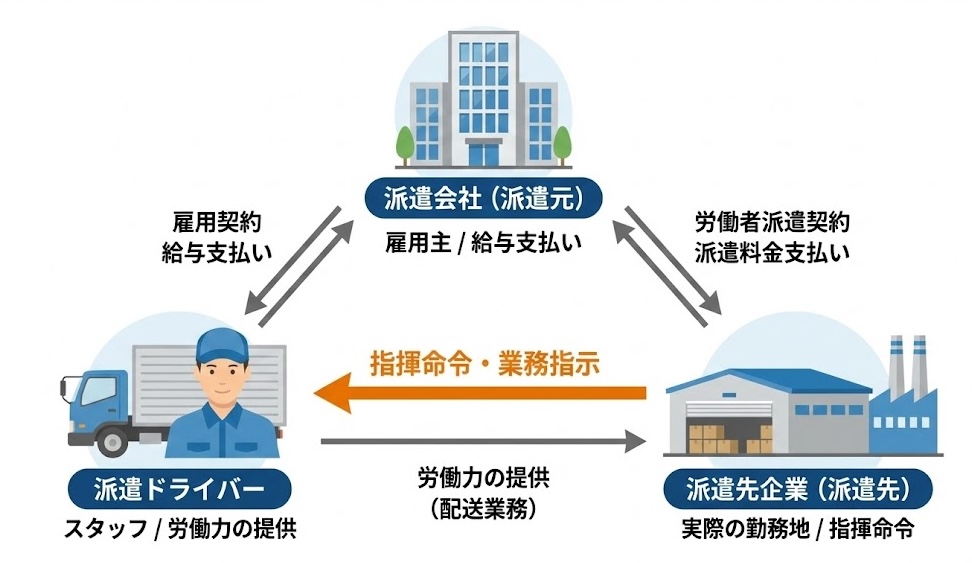 ※図解：派遣会社 ↔ 派遣ドライバー ↔ 企業 の三者関係図