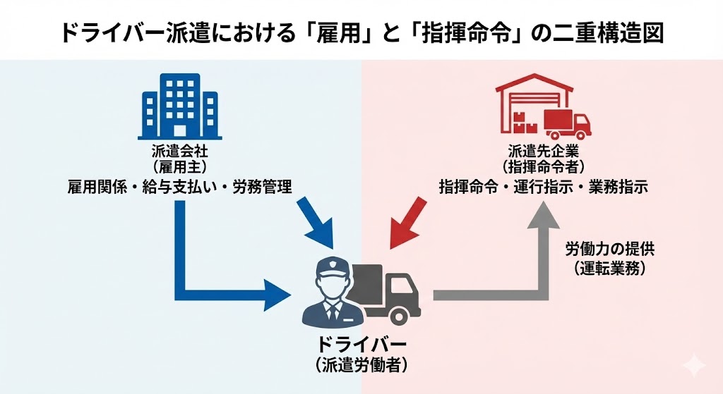※図解：雇用関係（派遣会社）／指揮命令（企業）の二重構造図

