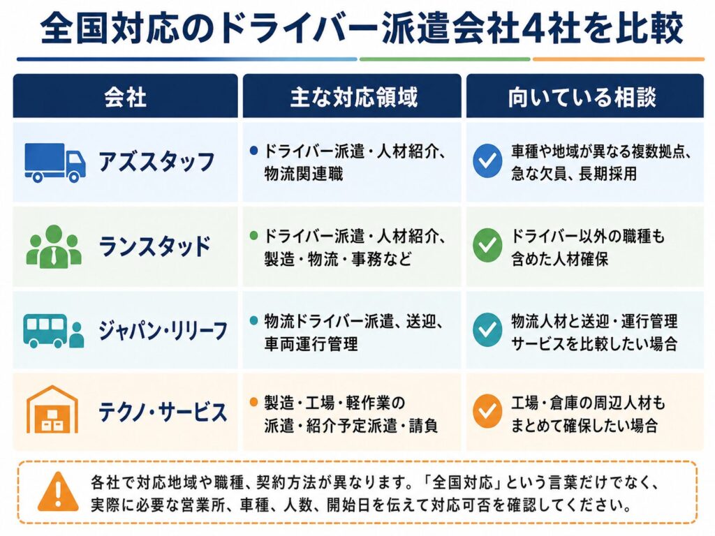全国対応のドライバー派遣会社4社を比較