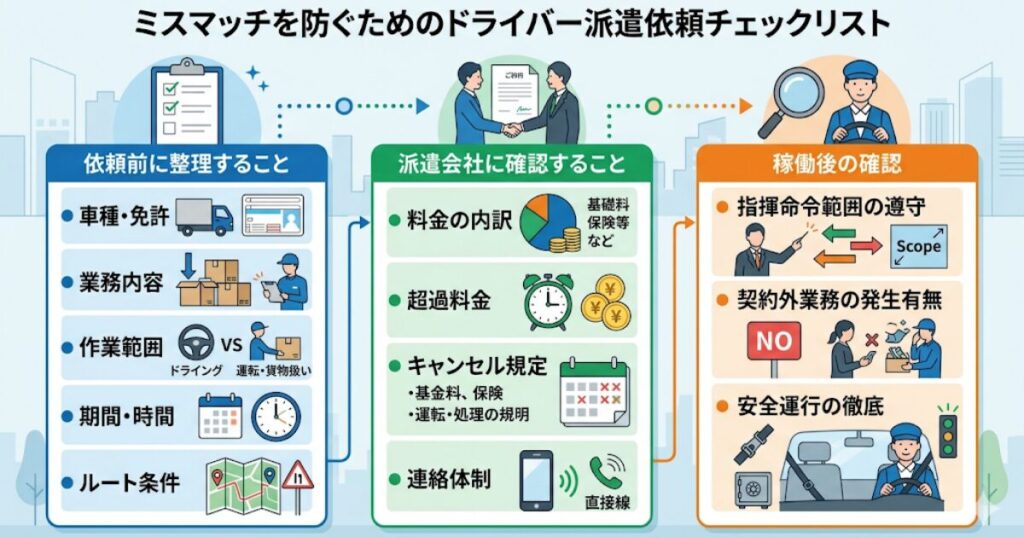 ミスマッチを防ぐためのドライバー派遣依頼チェックリスト