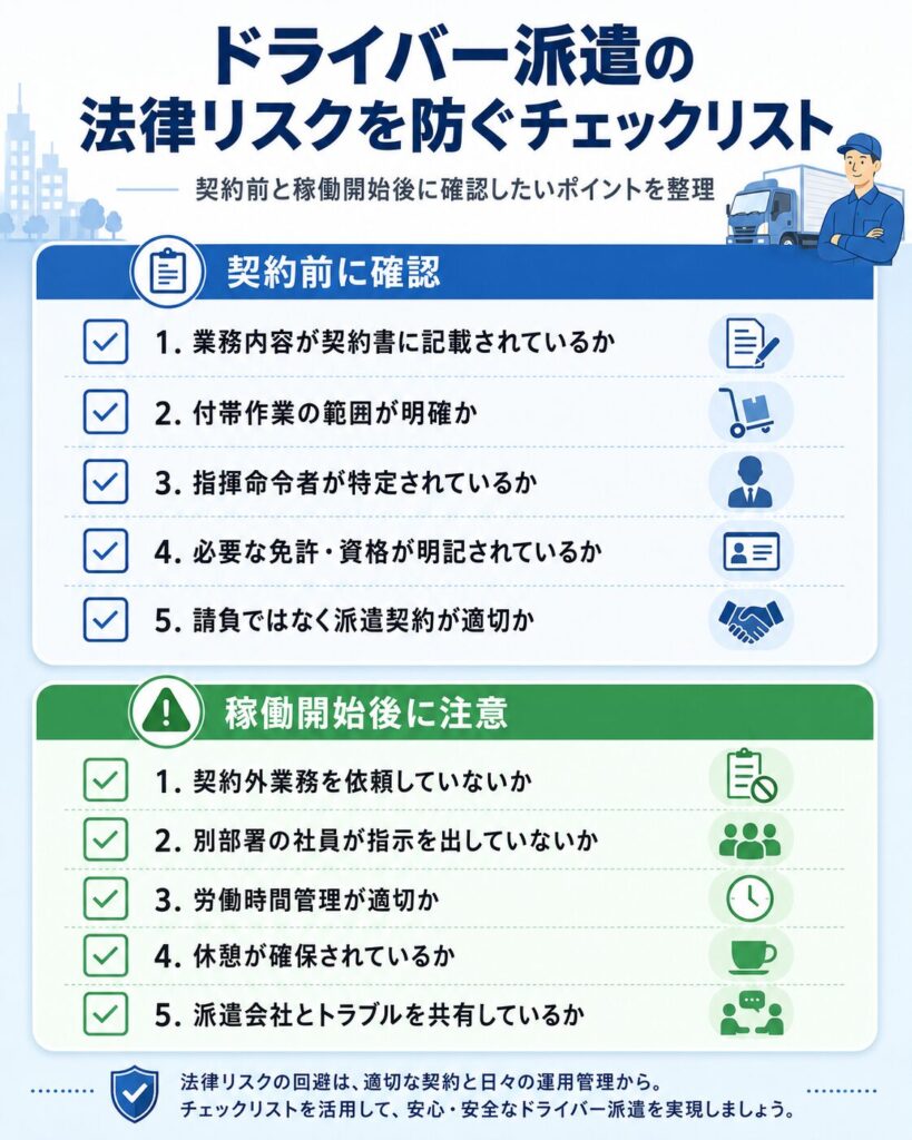 ドライバー派遣の法律リスクを防ぐチェックリスト