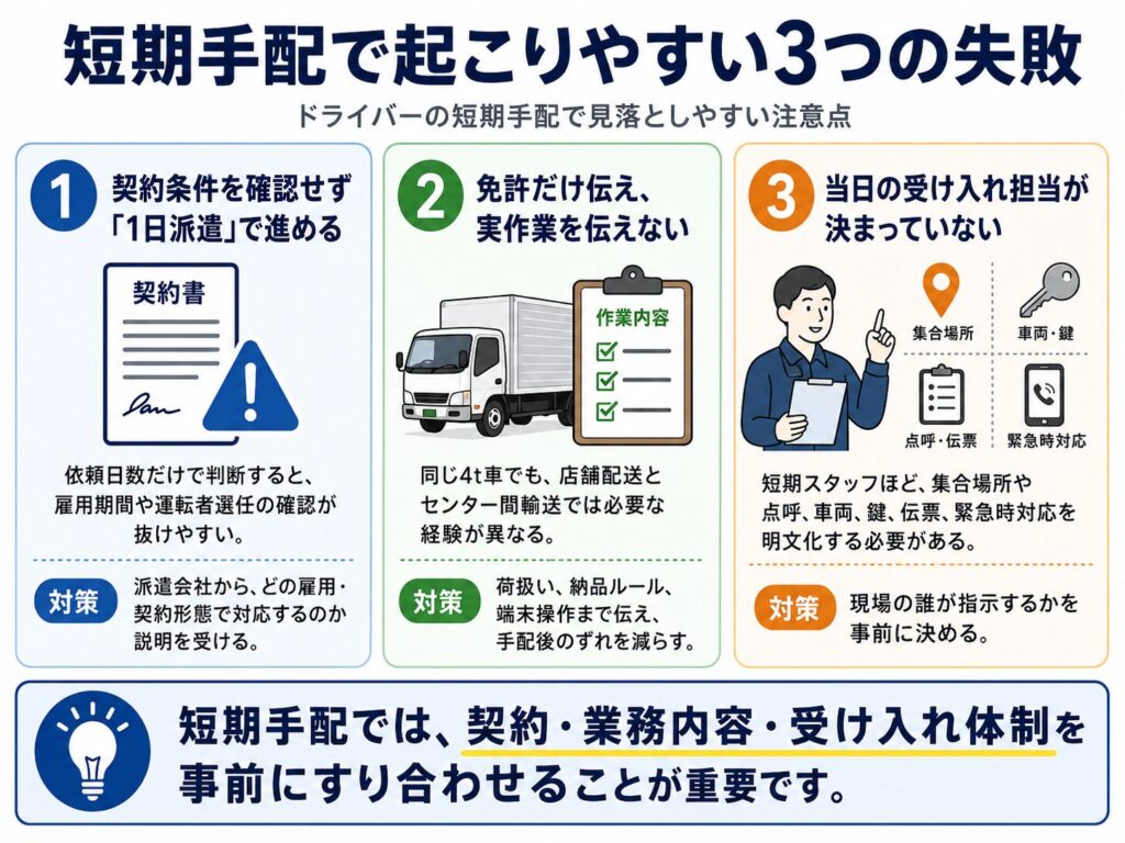 短期手配で起こりやすい3つの失敗