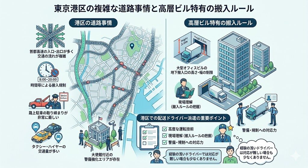 複雑な道路事情と高層ビル特有の搬入ルール