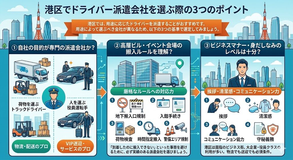港区でドライバー派遣会社を選ぶ際の3つのポイント