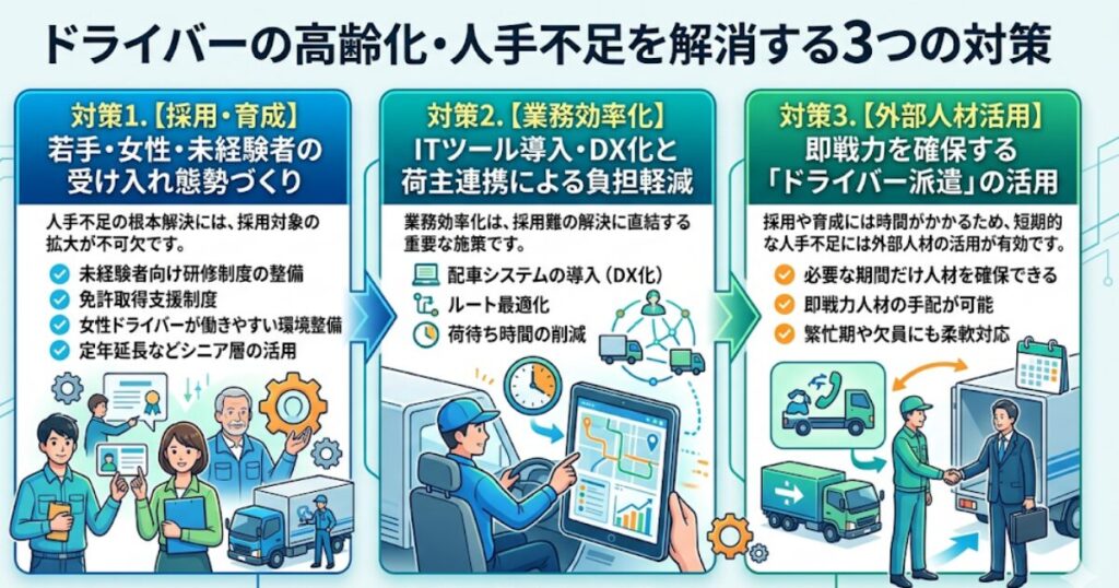 ドライバーの高齢化・人手不足を解消する3つの対策