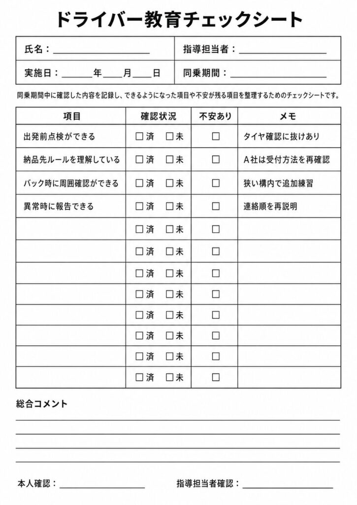 ドライバー教育チェックシート